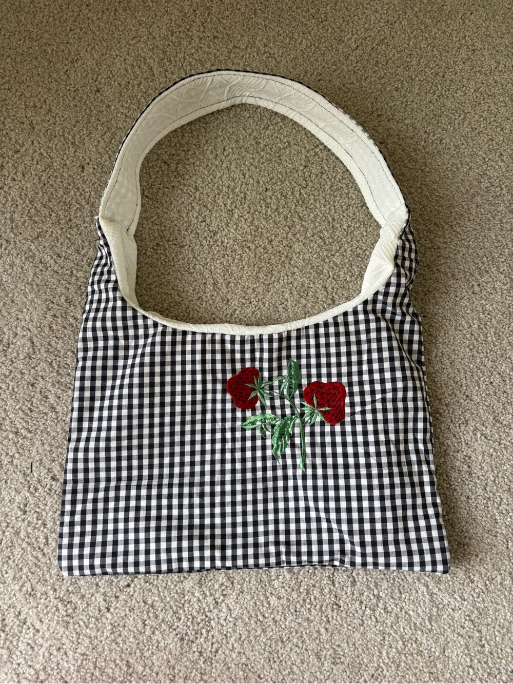 Black & White Gingham Shoulder Bag with Strawberry Embroidery